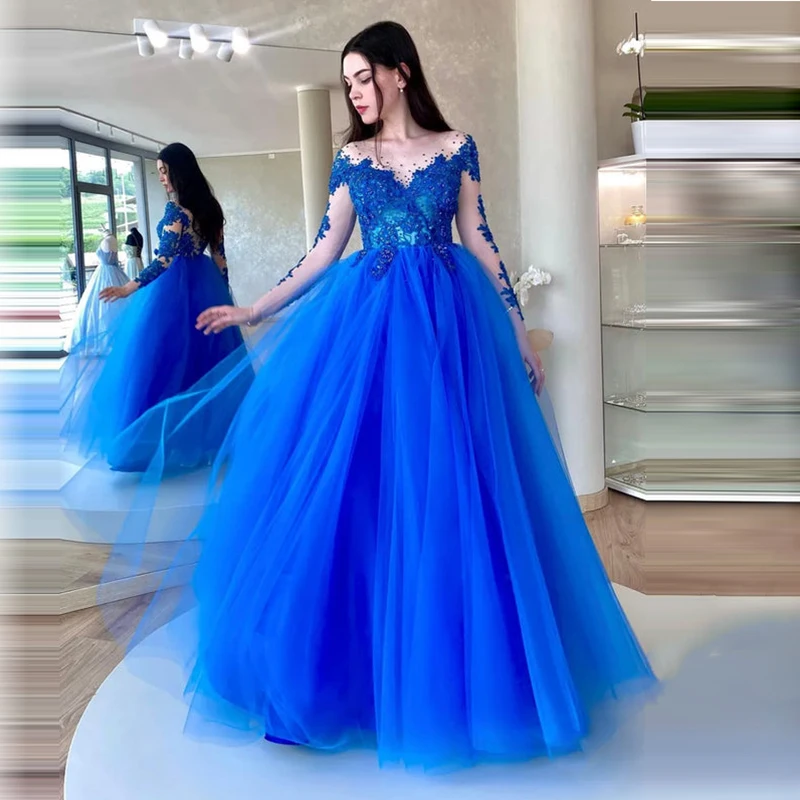 Blue Tulle Lace Long Prom Dress Illusion Long Sleeves Beaded Evening Dresses A-Line Scoop Neck Long Formal Party Gowns