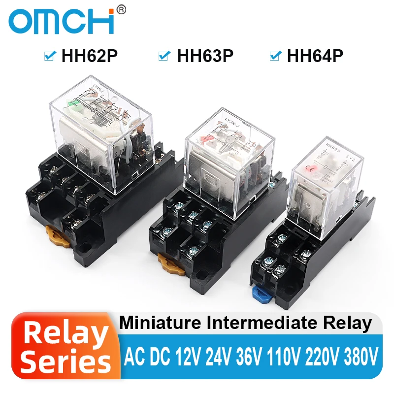 OMCH LY2NJ HH62P HH63P HH64P Small Electromagnetic Relay 8/11/14Pin 10A with Socket Base for DC/AC 12V 24V 36V 110V 220V 380V