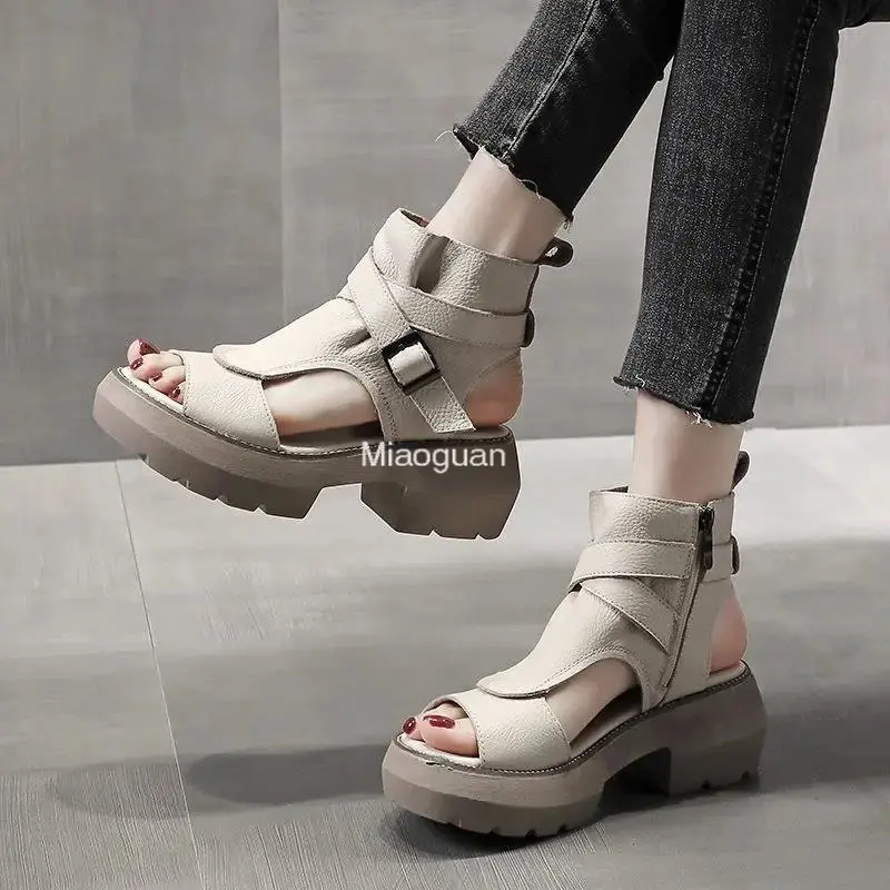 2023 New Summer Shoes Women Sandals Retro Rome PU Leather Woman Wedges Platform Sandals Peep Toe High Heel Sandals Black Casual