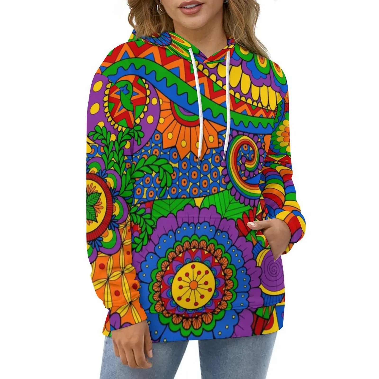 Happy Hippy Floral Casual Hoodies Psychedelic Rainbow Print Y2k Custom Loose Hoodie Autumn Long Sleeve Harajuku Oversized Top