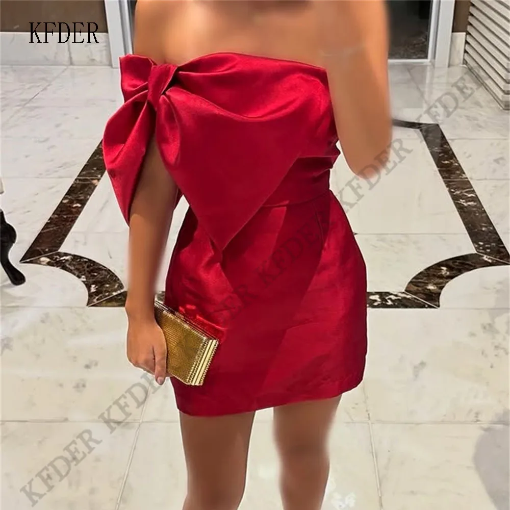 Red One Shoulder Bow Cocktail Mini Dress Fashion Strapless Evening Party Dresses Women Satin Dress Formal Party Clubbing Gowns