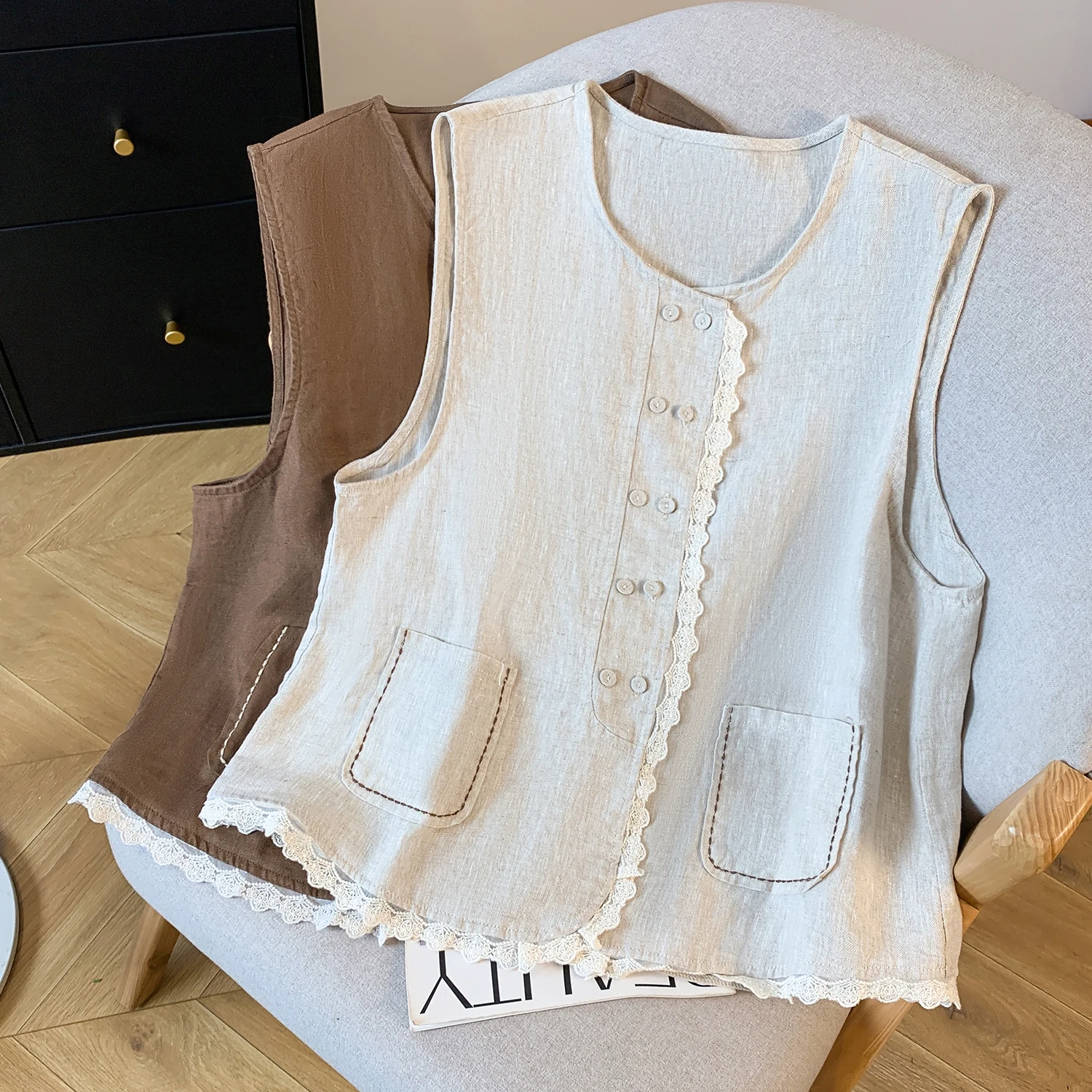 

Women's Lace-Trim Coffee Beige Cotton Linen Sleeveless Vest Jacket Spring Summer Korean Style Elegant Waistcoat Cardigan Top