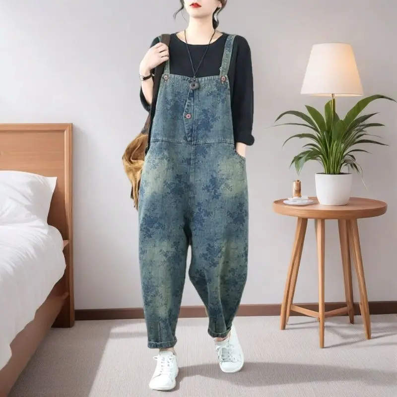 

Комбинезоны большого размера, женские летние повседневные брюки на подтяжках, джинсы с винтажным принтом и цветочным принтом, свободные широкие джинсовые комбинезоны
