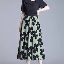 2024 New Summer Thing French Sweetness, Freshness, Minimalist Fashion Versatile Chiffon High Waist Printed Women's A-line Skirt