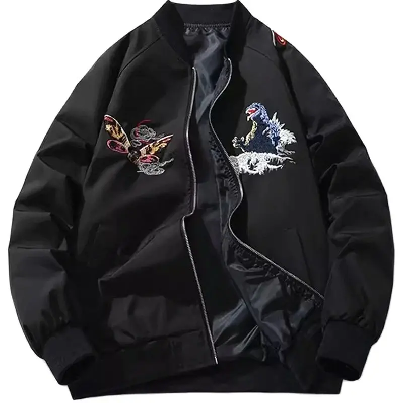 Black Mothra Sukajan Souvenir Jacket Men Boys Vintage Loose All-Match High Street Coats Letterman Varsity Award Jackets