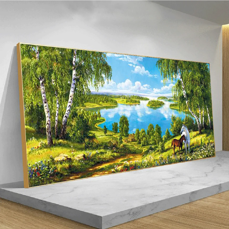 Full Diamond Mosaic Birch Horse New Arrival Diy Embroidery Lake Summer Cross Stitch Landscape Diamond Painting Kits Wall Decor