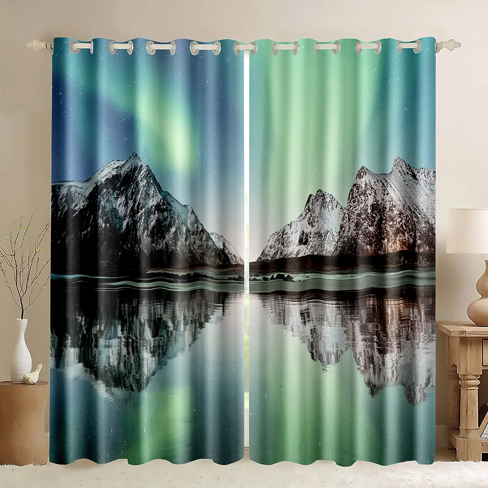 Northern Lights Window Curtain, Purple Green Northern Lights Snow Mountain Reflection Aurora Borealis Forest Blackout Curtains