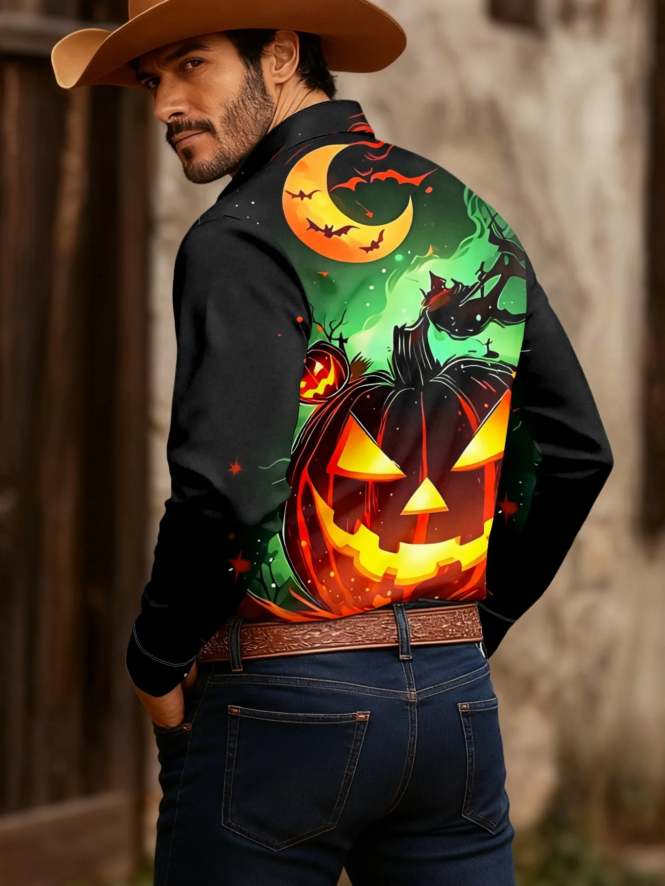 Men Halloween Evil Pumpkin Moon Bat Green‑Smoke Print Long Sleeve Shirt Lapel Collar Button‑Up Polyester Party Blouse
