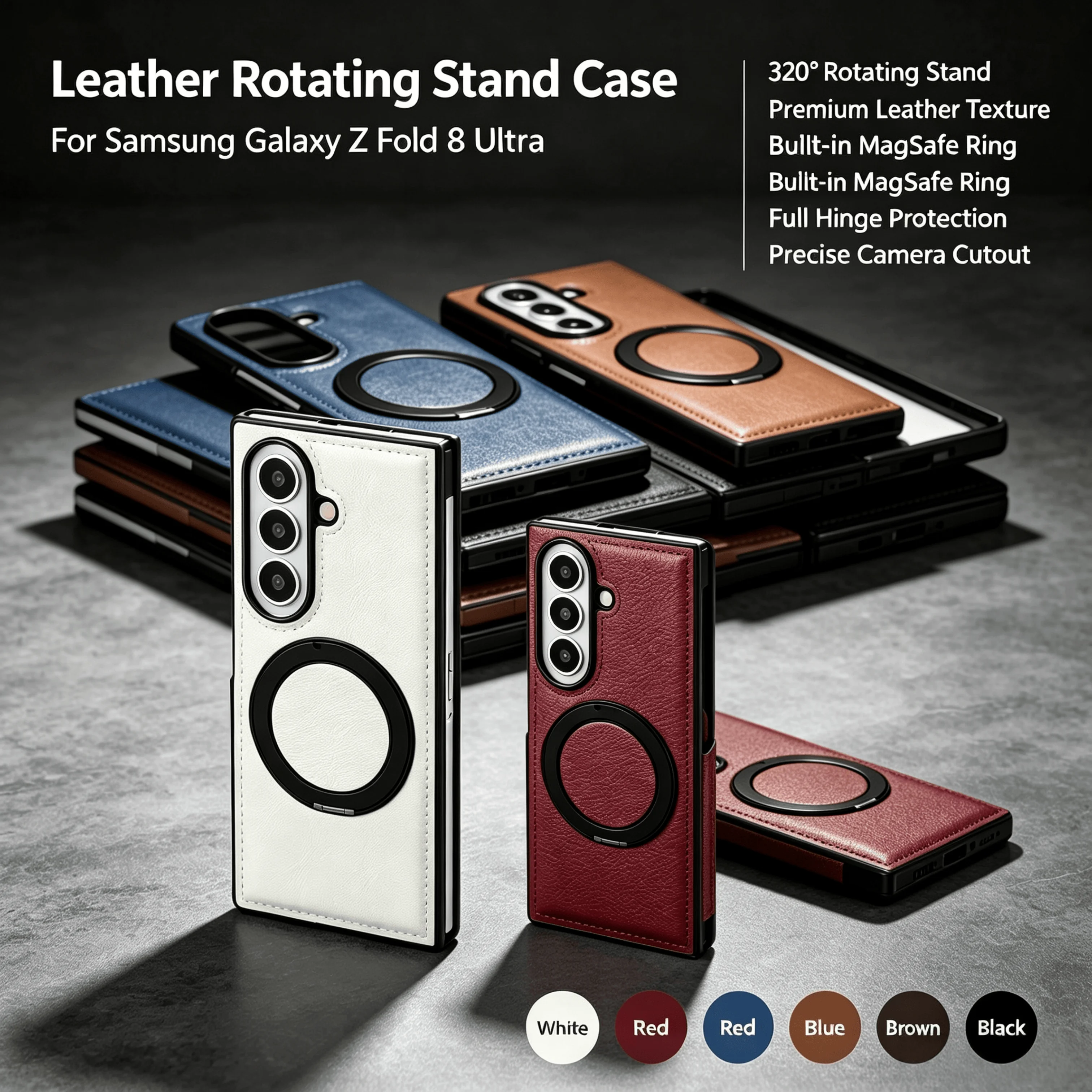 Magnetic 360° Rotating Ring Bracket Case for Samsung Galaxy Z Fold 8 Ultra for Magsafe Wireless Charging Leather Protect Cover