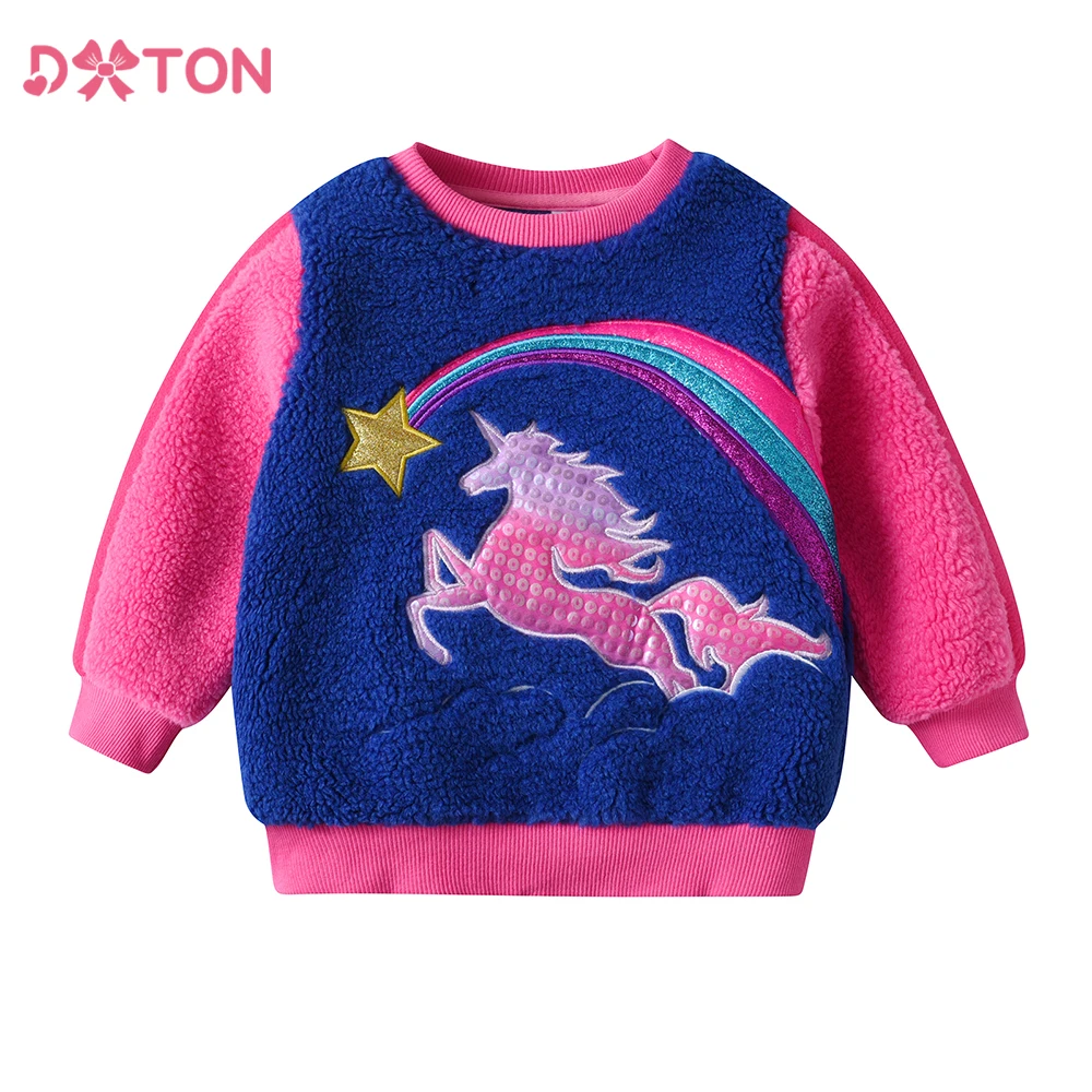 

DXTON Winter Kids Sweatshirts Polar Fleece Children Pullover Girls Top Rainbow Unicorn Applique Warm Toddler Outerwear Clothing