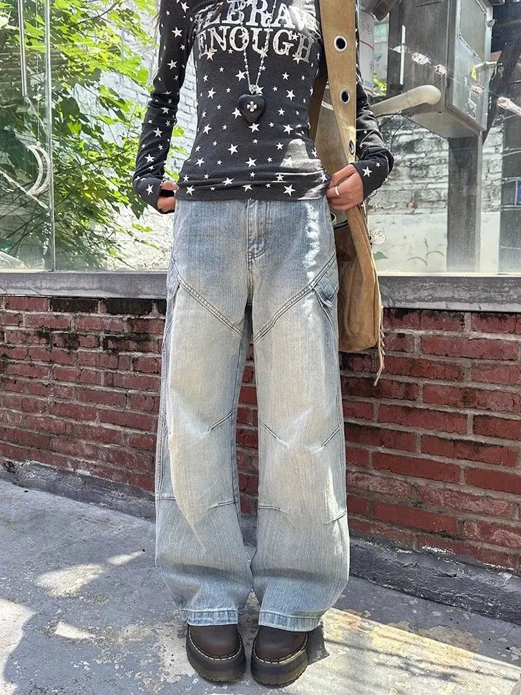 

Women's Light Color High Waisted Bf Jeans Vintage Autumn Cool Girl Wide Leg Streetwear Trouser Female Casual Y2k Denim Pants