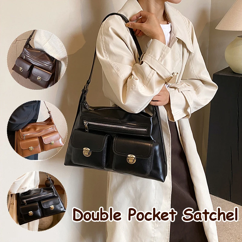 Vintage Womens Bag Black Pu Leather Shoulder Bag Large Capacity Hand Bag Zip Crossbody Bag Shoulder Tote Autumn and Winter