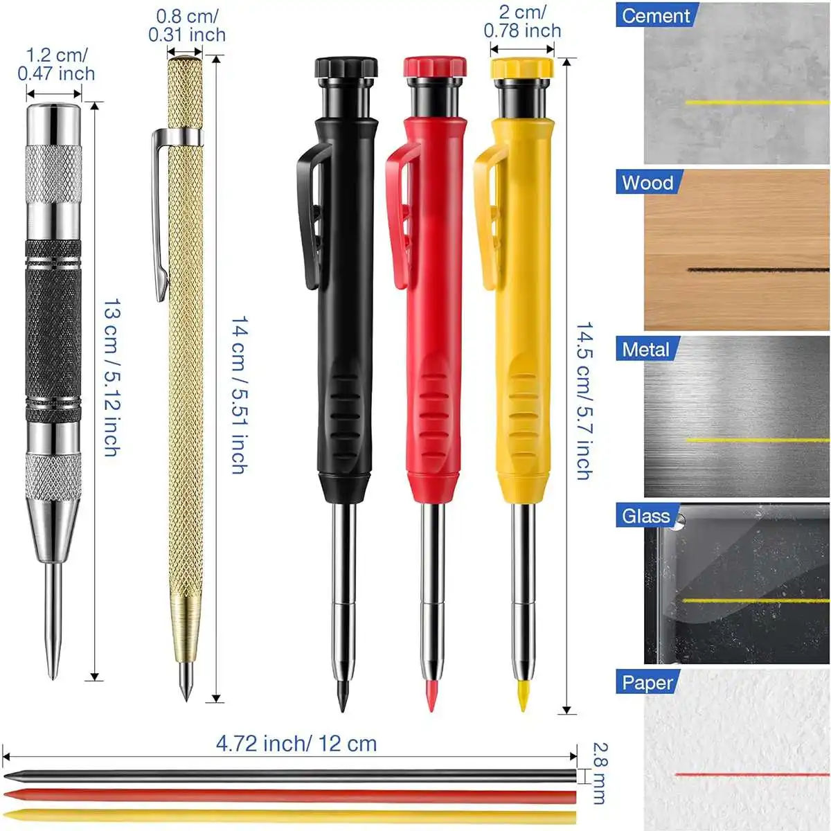 3pcs Pencil Set with Deep Hole Marker Built-in Sharpener Carbide Scribe Multi-Color Woodworking DIY Marking Tool