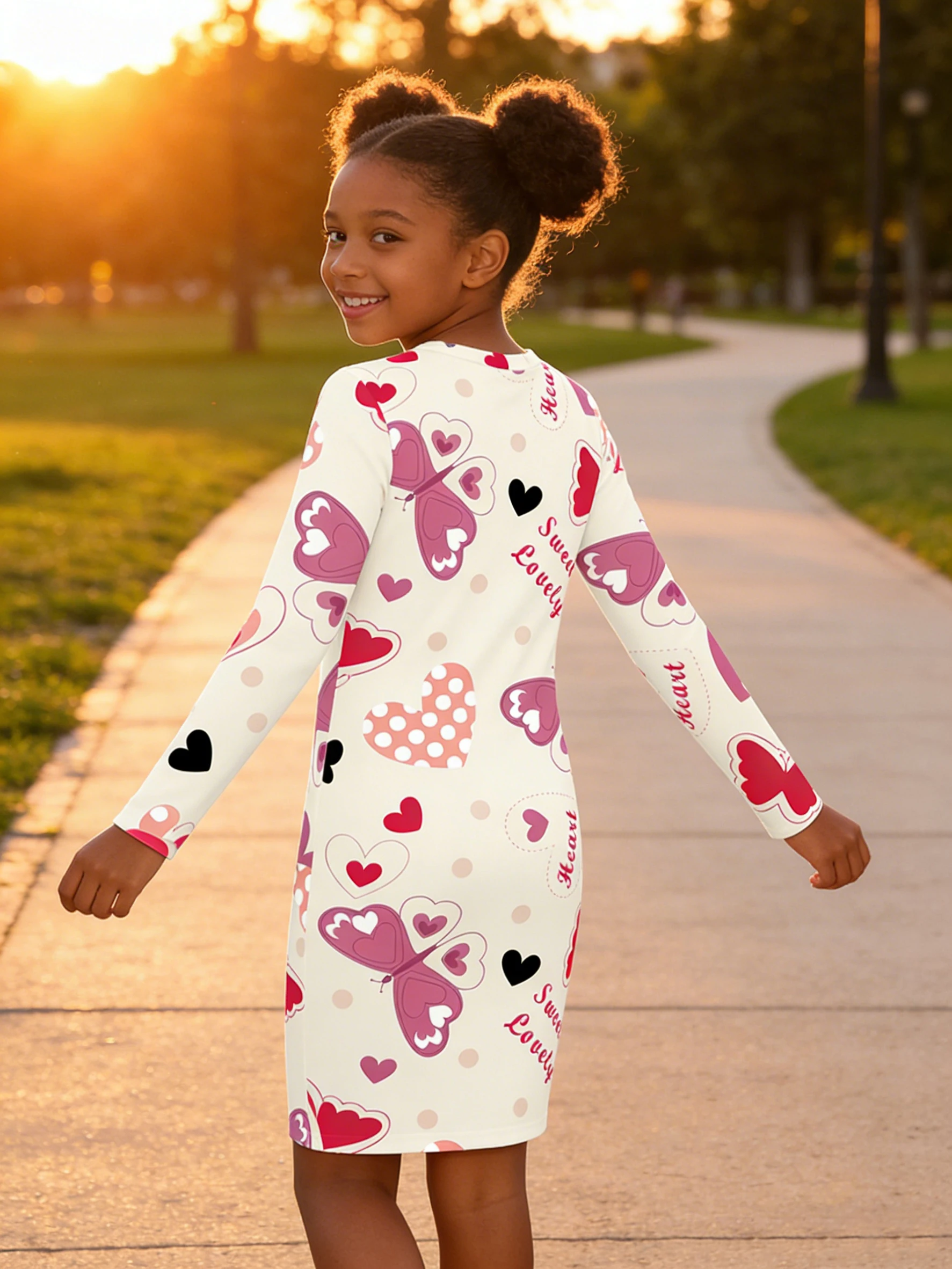 2026 girls beige bottom pink purple butterfly love polka dot letter full print long sleeve slim dress