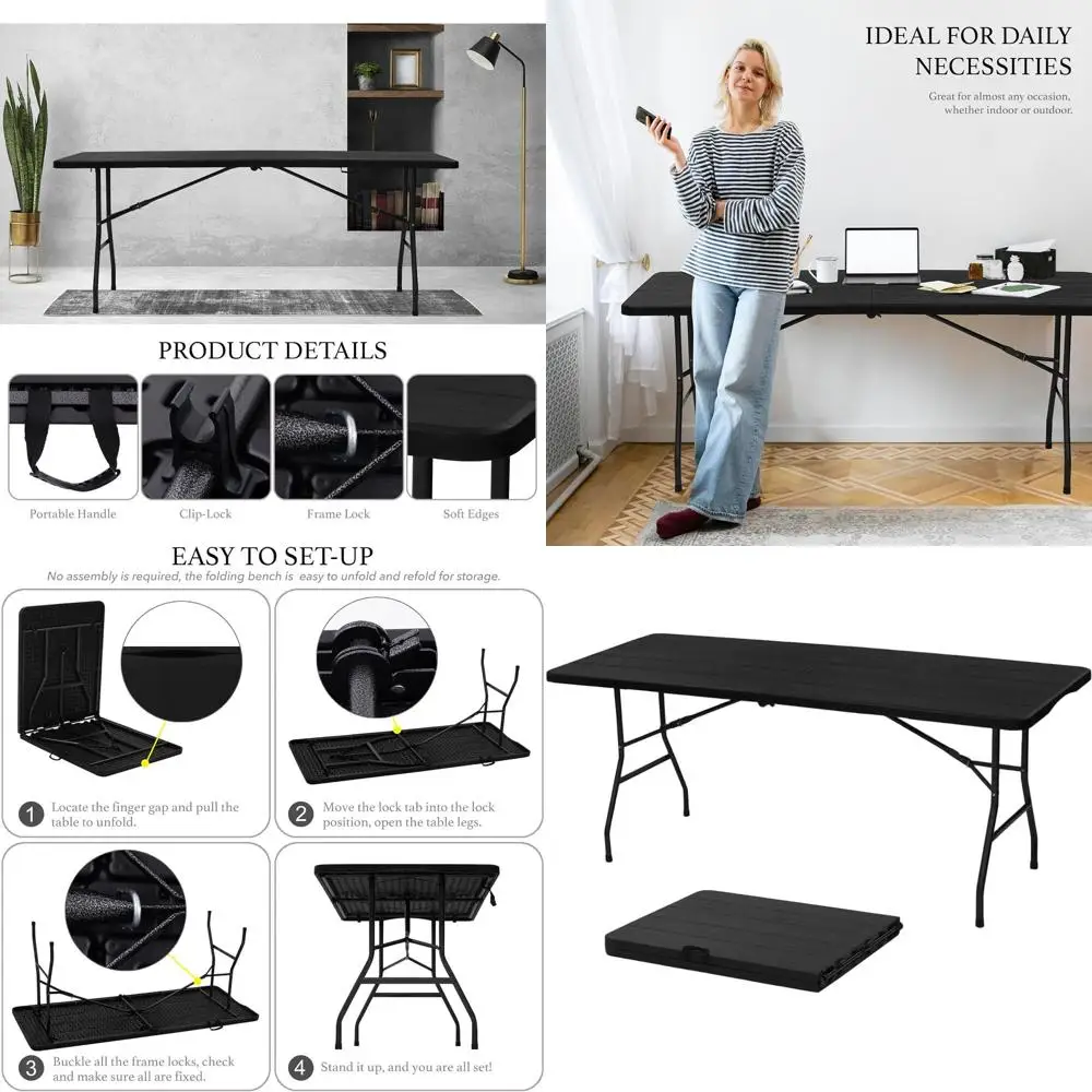 

Portable 6-Foot Folding Plastic Table - Heavy Duty, Half Foldable, Carry Handle, Suitable for Indoor, Outdoor, Camping, Picnic,
