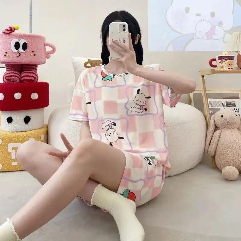 

Sanrio новые топы с короткими рукавами Hello Kitty, милые шорты, 2 шт., пижамы для девочек, повседневные свободные комплекты домашней одежды с героями мультфильмов My Melody