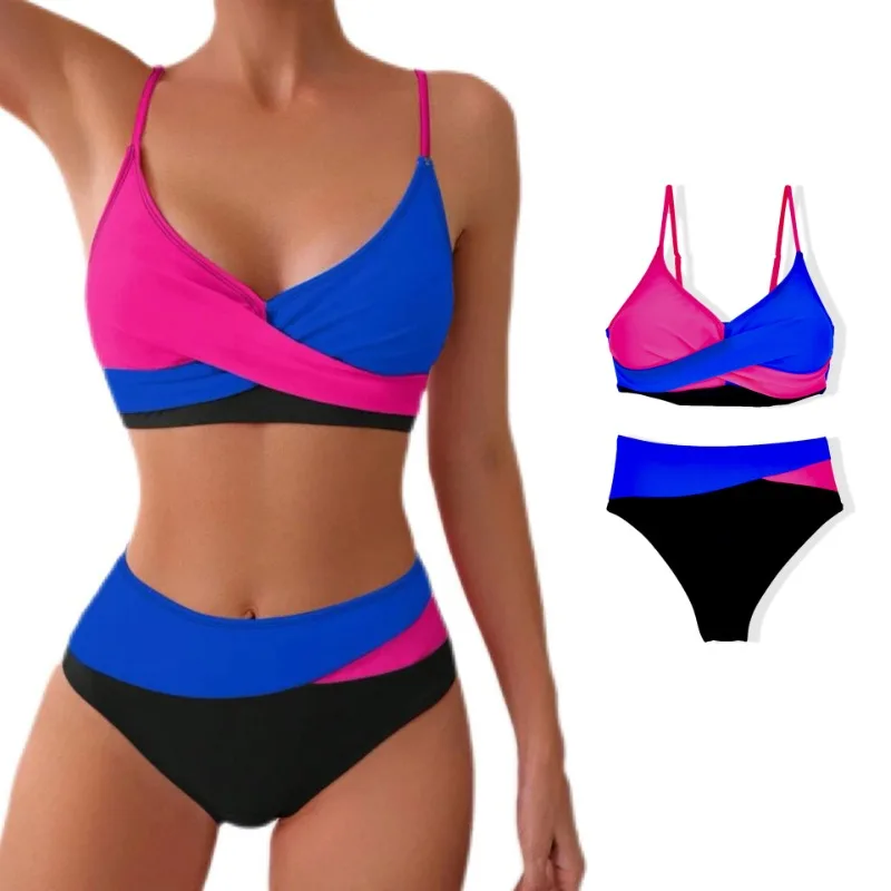 Contraste cor roupa de banho feminina conjuntos de biquíni novo sexy conjunto de biquíni cor sólida estilingue plissado split maiô feminino 2 peças micro