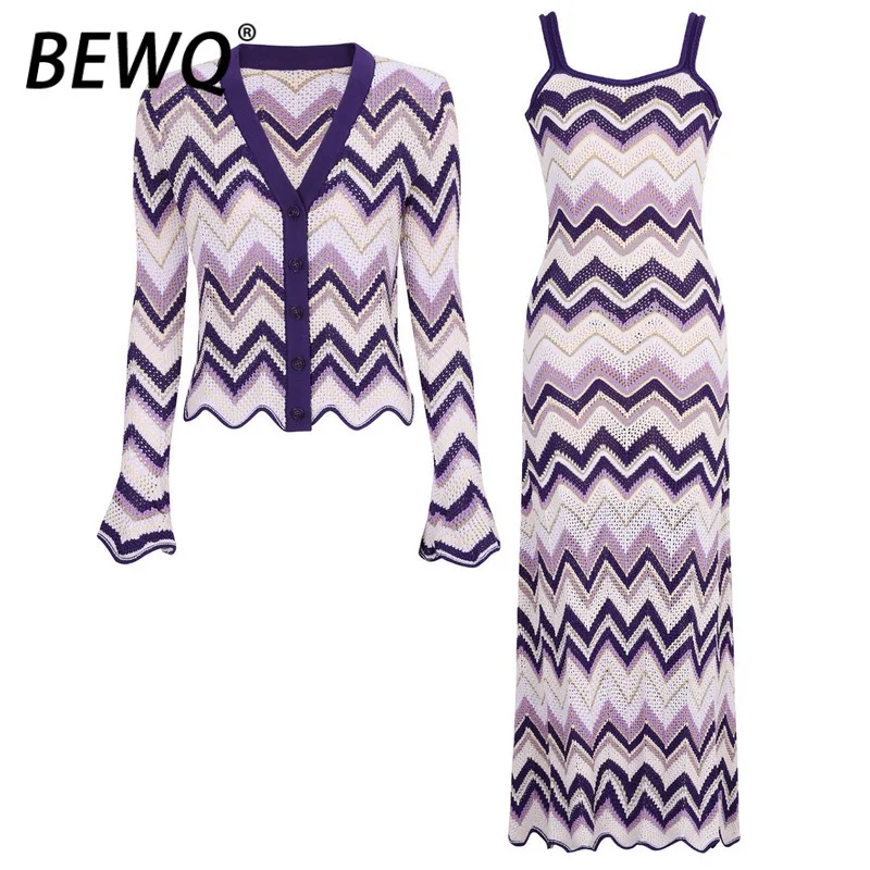 

BEWQ Fashion Women's O-neck Long Sleeve Short Tops Slip Stripe Waist Knitted Dress Loose Pants Evening Party 2025 Autumn New
