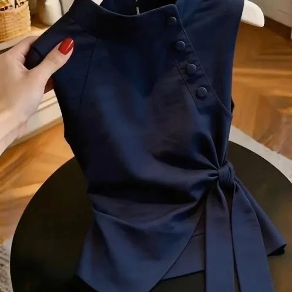 plus Size Asymmetrical Belted Stand Collar Sleeveless Shirt Women's Summer 2026 Slimming Versatile Elegance Top view 2