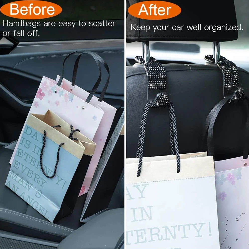 2Pcs/Pair Rhinestone Diamond Car Backseat Portable Headrest Hangers Multifunction Hooks for Purse Handbag Clothes Grocery Bag