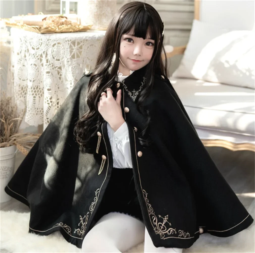 Japanese Harajuku Kawaii Girl Autumn Winter Dark Lolita Cloak Collar Batwing Sleeve Gothic Lolita Coat Retro Victorian Lolita