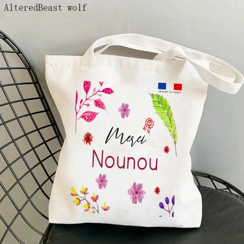 Women Canvas Shoulder Bag coupon motif merci nounou Shopping custom Bag Harajuku Shopping Handbags Tote For Lover Girls friend