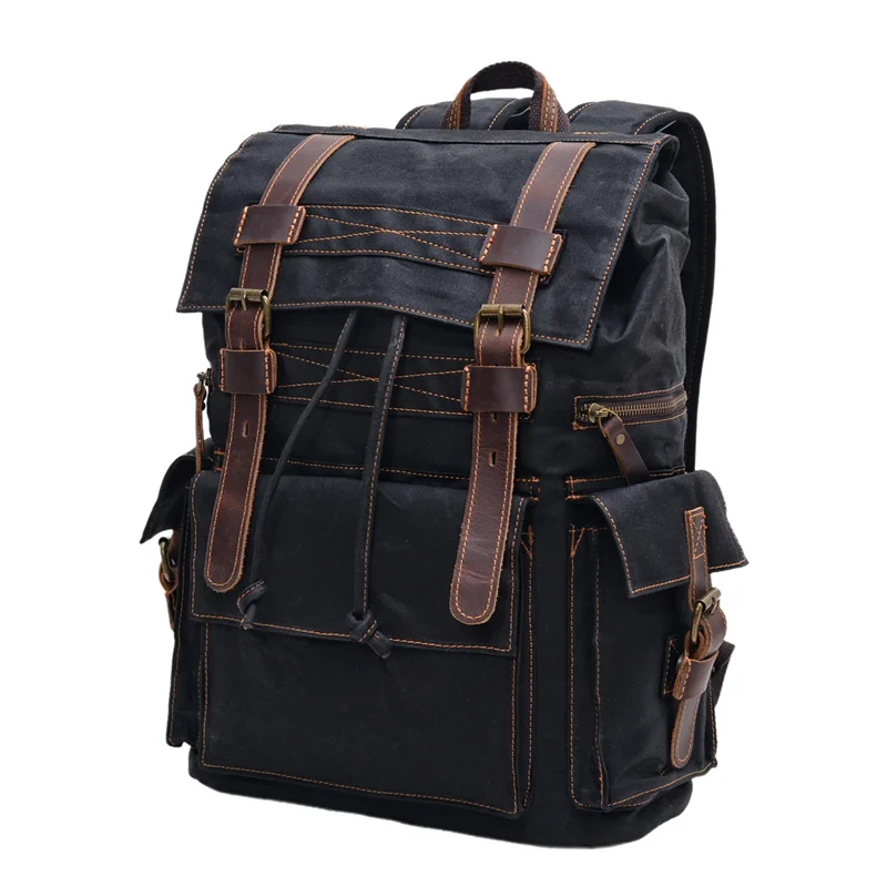 

Nesitu Coffee Khaki Black Grey A4 15.6'' Laptop Oil Wax Canvas Genuine Leather Men Women Backpack Hiking Travel Bag Duffel M9504