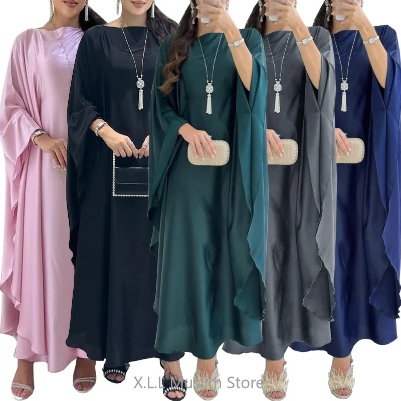 Batwing Green Abaya Bat Sleeve Satin Dress Party Eid Ramadan Kaftan Kebaya Morocco Dubai 2024 Luxury Women\'s Prayer Garment