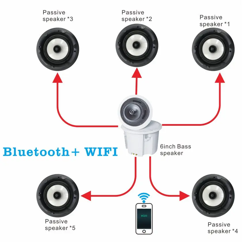 Home Theater 5.1 Ceiling Speaker. Built-in Wireless WIFI Player And Blue-teeth Receiver. Home Theater Connected To TV