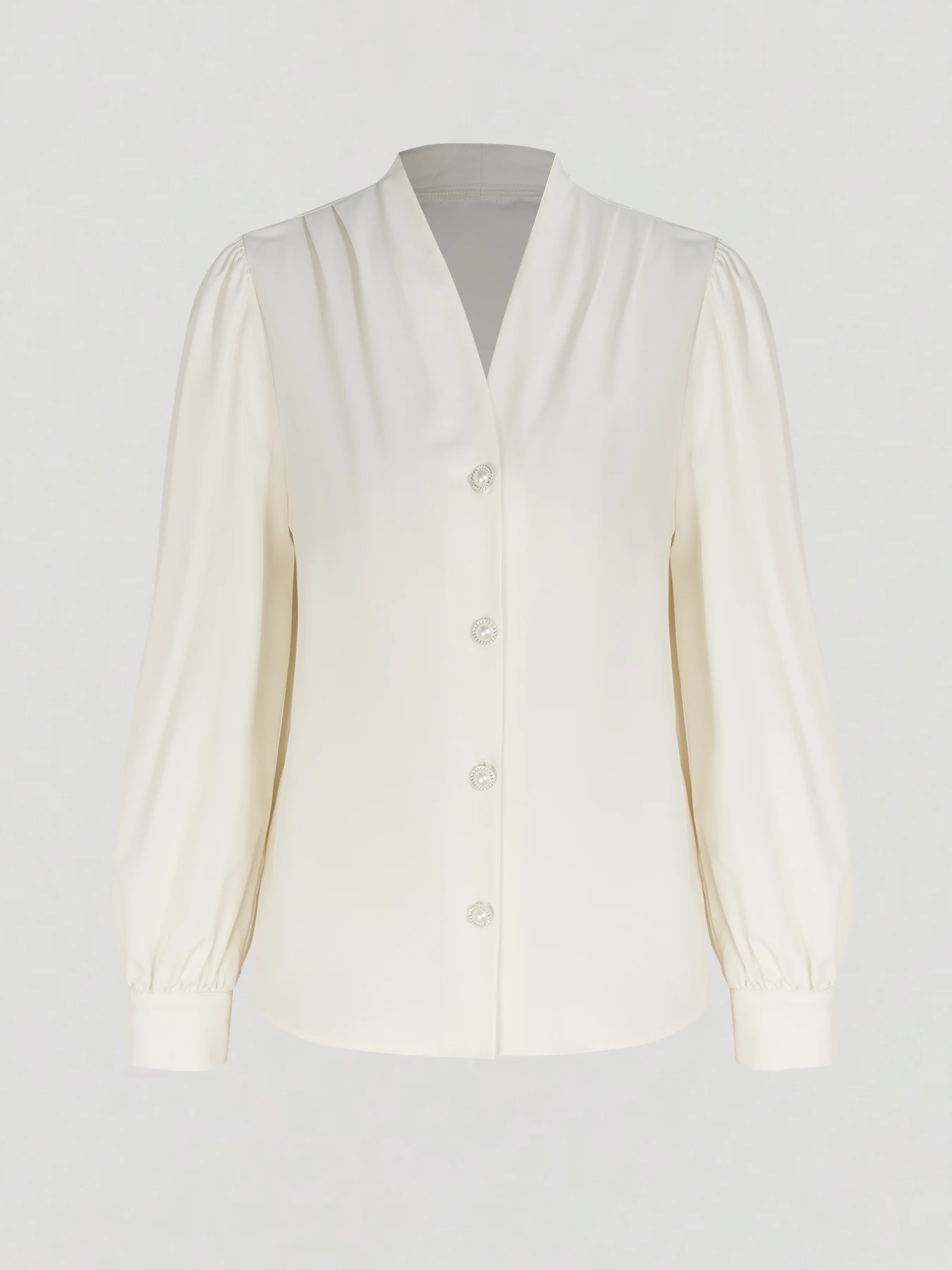 Damen-Satinbluse mit Puffärmeln, langärmelig, weiß, für das Büro, Herbst, elegant, V-Ausschnitt, Perlenknöpfe, lockere Passform, Business-Casual-Oberteil – Detail 10