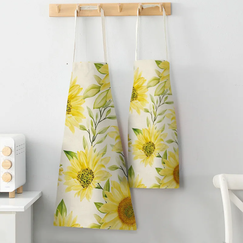 Flowers Print Cotton Linen Apron Kitchen Women Baking Waist Bib Home Cooking Brief Sleeveless Pinafore
