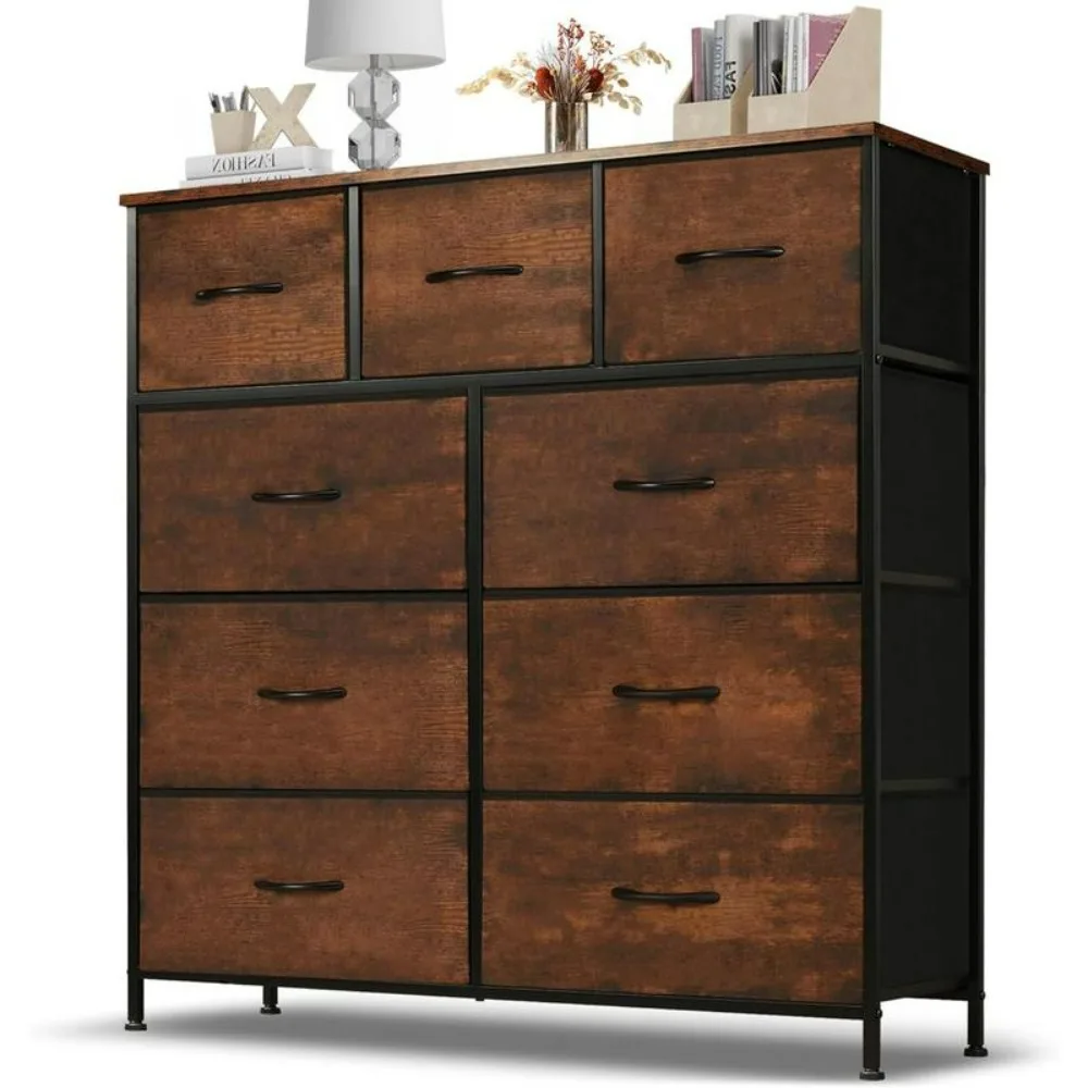 

Dresser for Bedroom, 9Storage Drawers, Tall Fabric Closet Chests Organizer Tower Furniture with Wooden Top Metal Frame