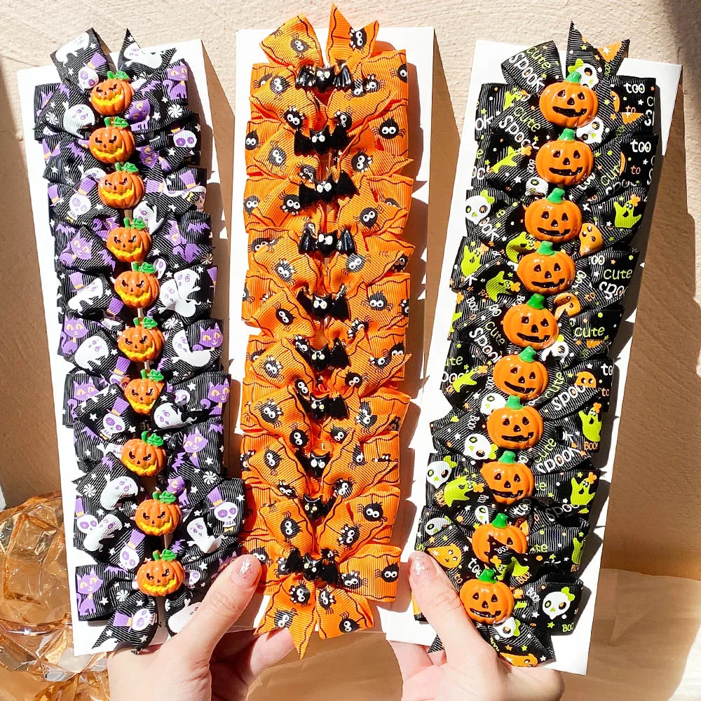 10Pcs/Set Halloween Decoration Bows Hair Clips For Kids Girls Ghost Pumpkin Pinwheel Hairpin Headwear Baby Hair Accessories Gift