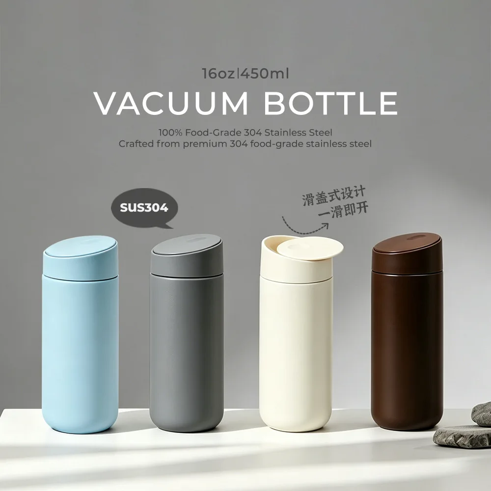450ml Sliding-cap Thermal Water Bottle/Thermos Cup,Double-layer Stainless Steel Vacuum Business Water Cup,Portable Drinking Ware