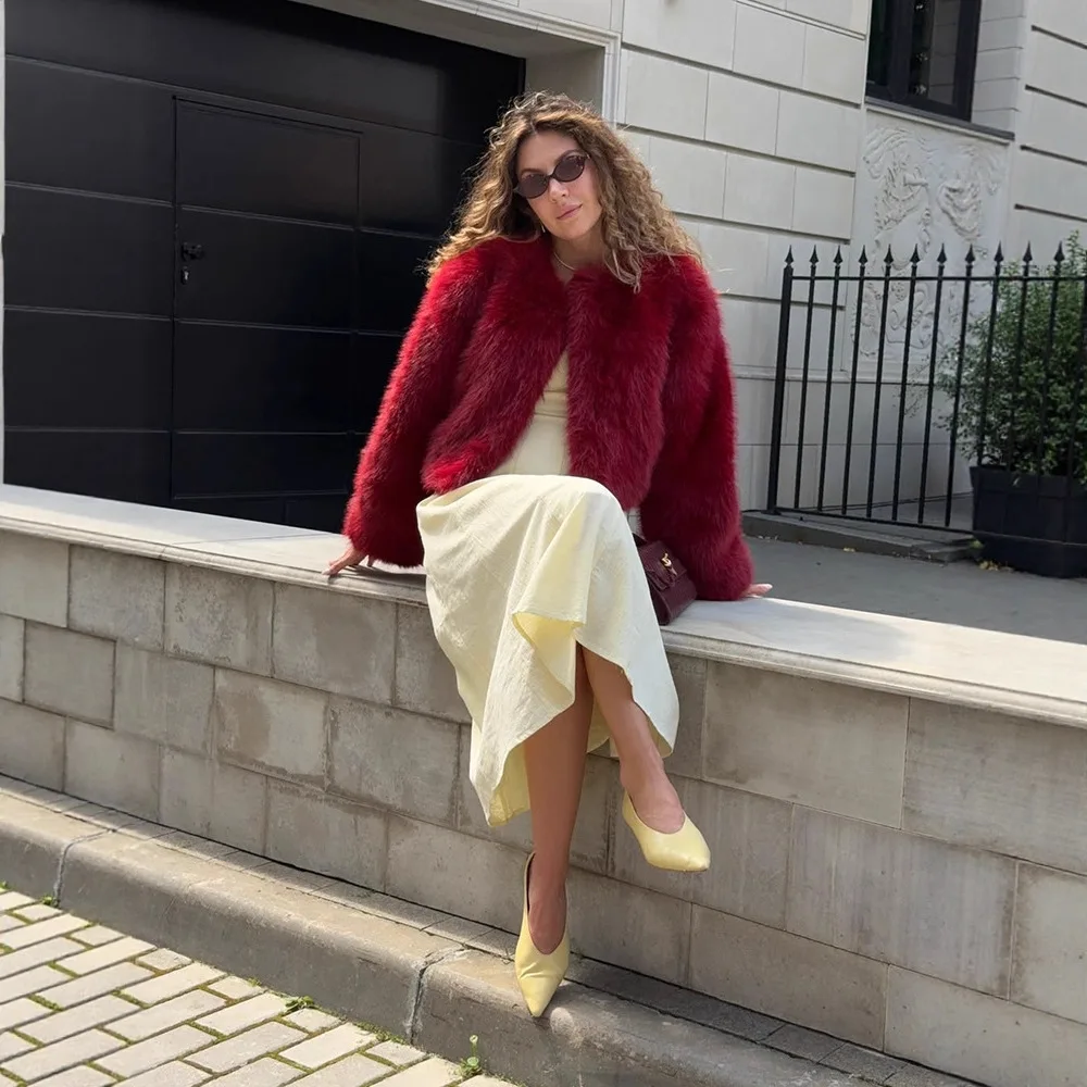 Moda curta angora vermelho jaqueta de pele do falso quente solto casaco de inverno feminino popular engrossado outerwear para senhoras