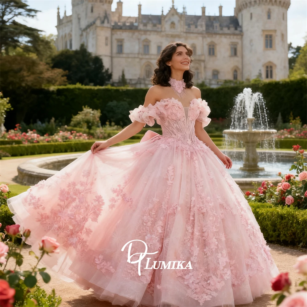 

Pink Flowers Ball Gown Quinceanera Dresses Off the Shoulder Pink Long Sweet 15 16 Dress Communion Prom Gown Customized Size