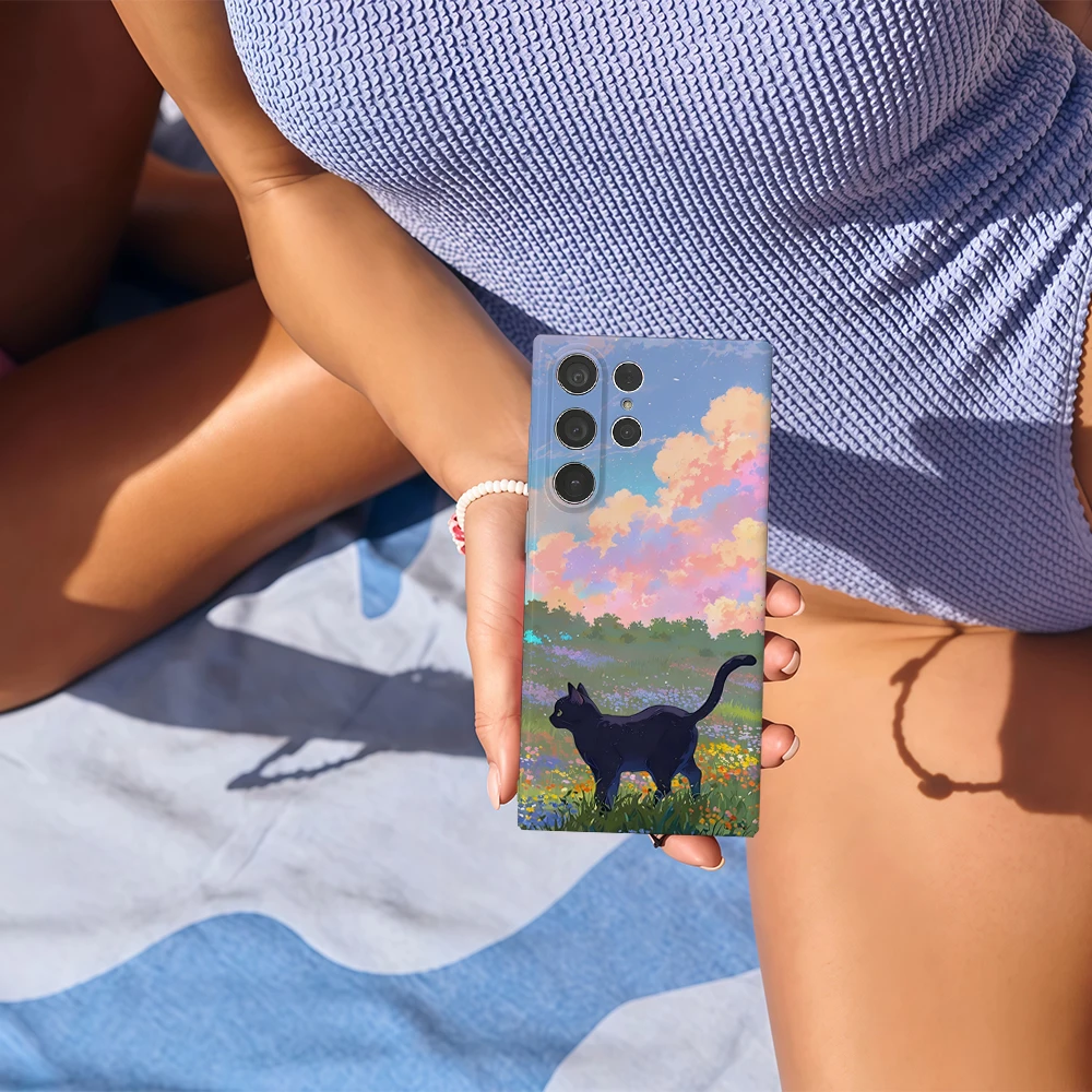 القط الأزهار الغروب قضية الهاتف لسامسونج غالاكسي S25 S24 S23 الترا زائد A35 A89 لامعة HD الغلاف الصلب فيلم قذيفة
