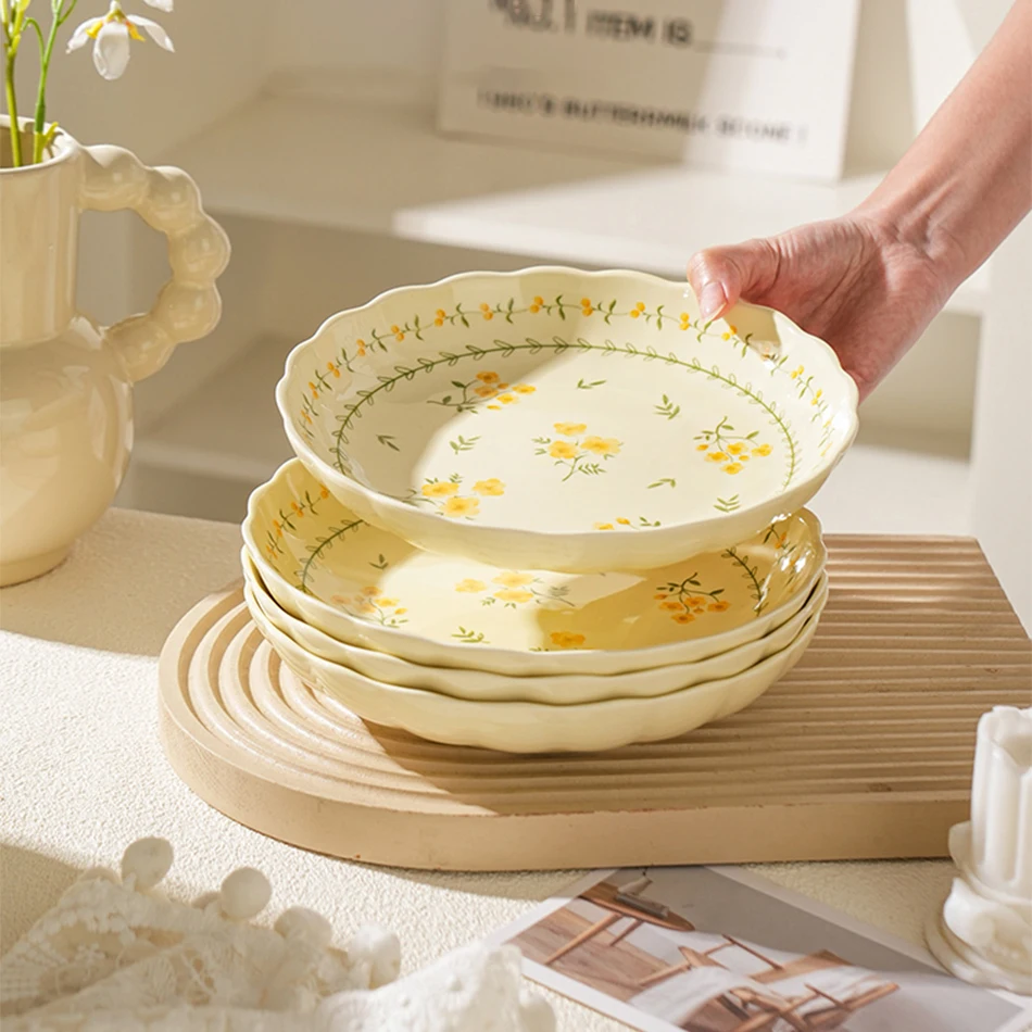 Underglaze Colored Yellow Flower Printing Ceramic Dinner Plate Double Ear Fish Plates Home Salad Pasta Plates Cute Dishes