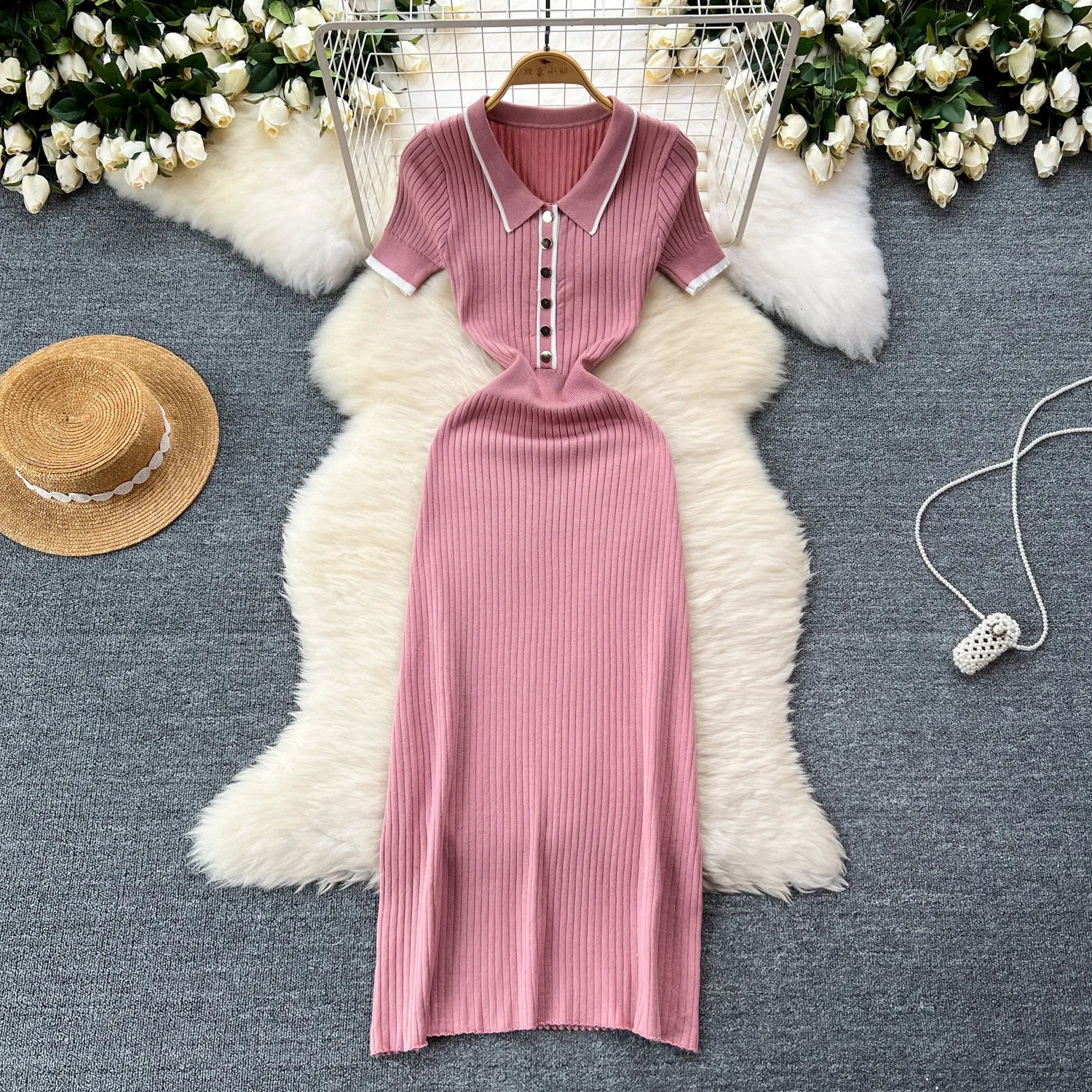 

YuooMuoo Women Dress Elegant Turn-down Collar Slim Elastic Ribbed Knitted One Piece Long Shirt Dress Streetwear Lady Vestidos