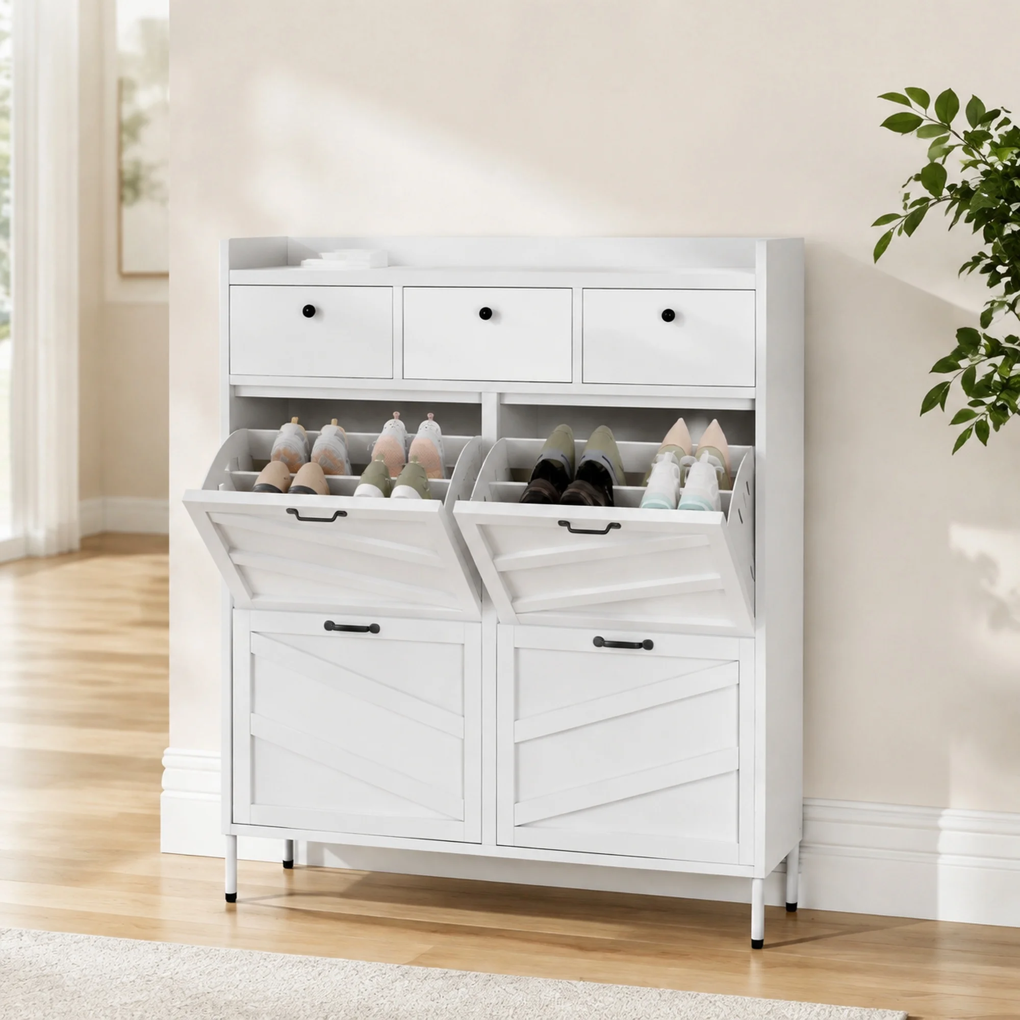 Metal Shoe Cabinet White - 4 Flip Drawers + 3 Drawers, Slim 11.8