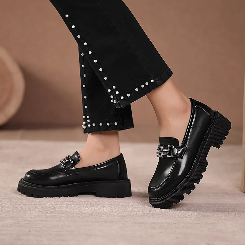 

Netural Office Lady Platform Flats With Metal Chain Rubber Thick Sole Round Toe Women Size 35-45 Oxfords Loafers Slip-on Shoes