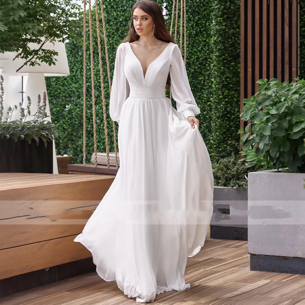 Vestido De novia blanco De manga larga con cuello en V profundo para mujer, traje sencillo De boda para playa, personalizado a medida, 2023