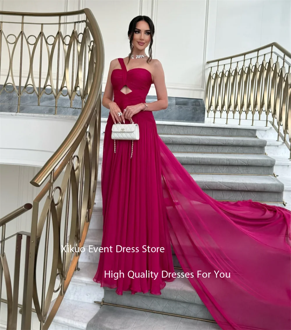 Xikuo fúcsia chiffon cortar vestidos de noite assimétrico ombro plissado vestidos de festa elegantes vestidos de fiesta personalizados