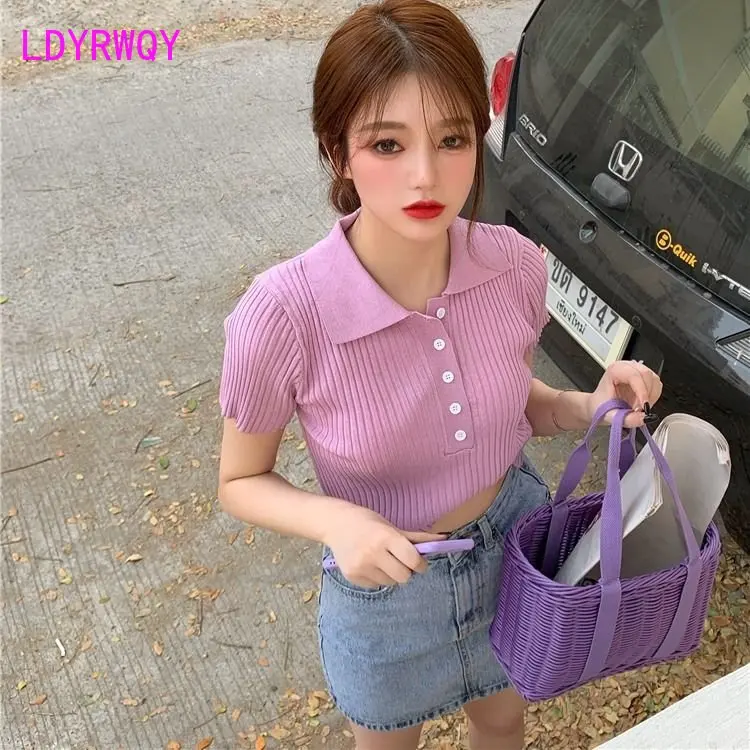 POLO Neck Knitted Short Sleeve T-shirt Women\'s Summer New Korean Edition Solid Color Versatile Slim Fit Short Open Navel Top