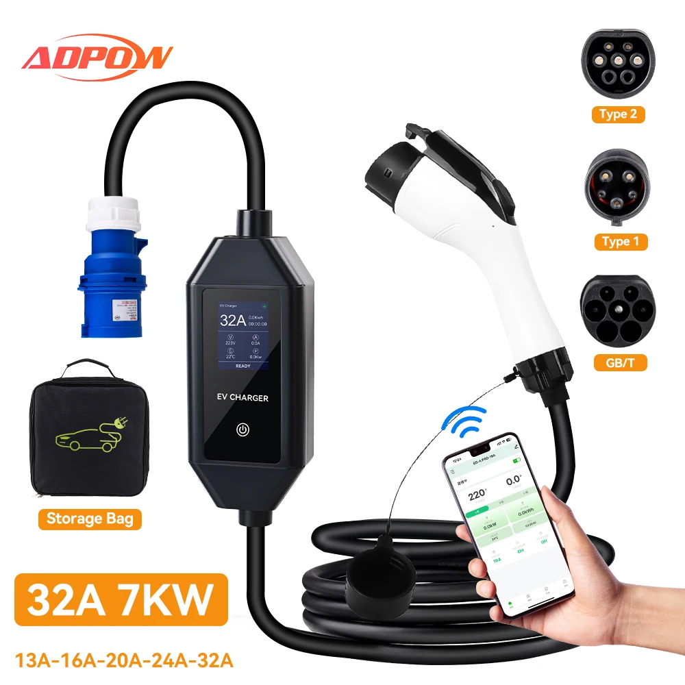 

ADPOW 7KW Type2 Portable EV Chargers Delay Charging Time Type1 SAE J1772 GBT 32A 1Phase EVSE Charging 5M Cable With APP Control