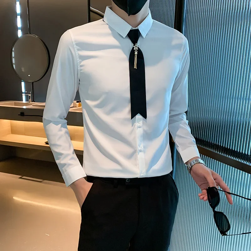 

Nightclub KTV Bar Professional Dress Men's Long Sleeve Shirts Attendant Work Clothes Hairdresser Tie Long Sleeve Shirts