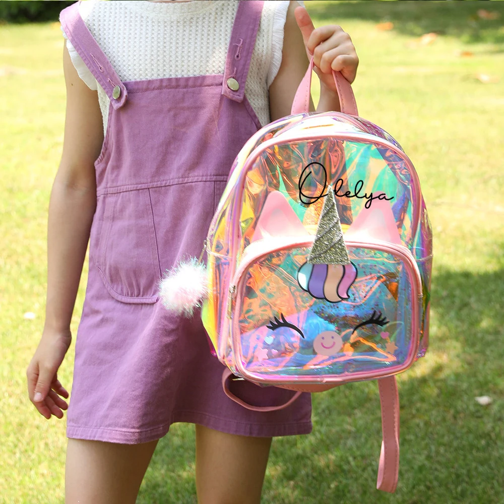 New Arrival Unicorn Backpack Custom Name Children\'s Cartoon Backpack Transparent PVC Girl\'s Outdoor Bag Student Schoolbags