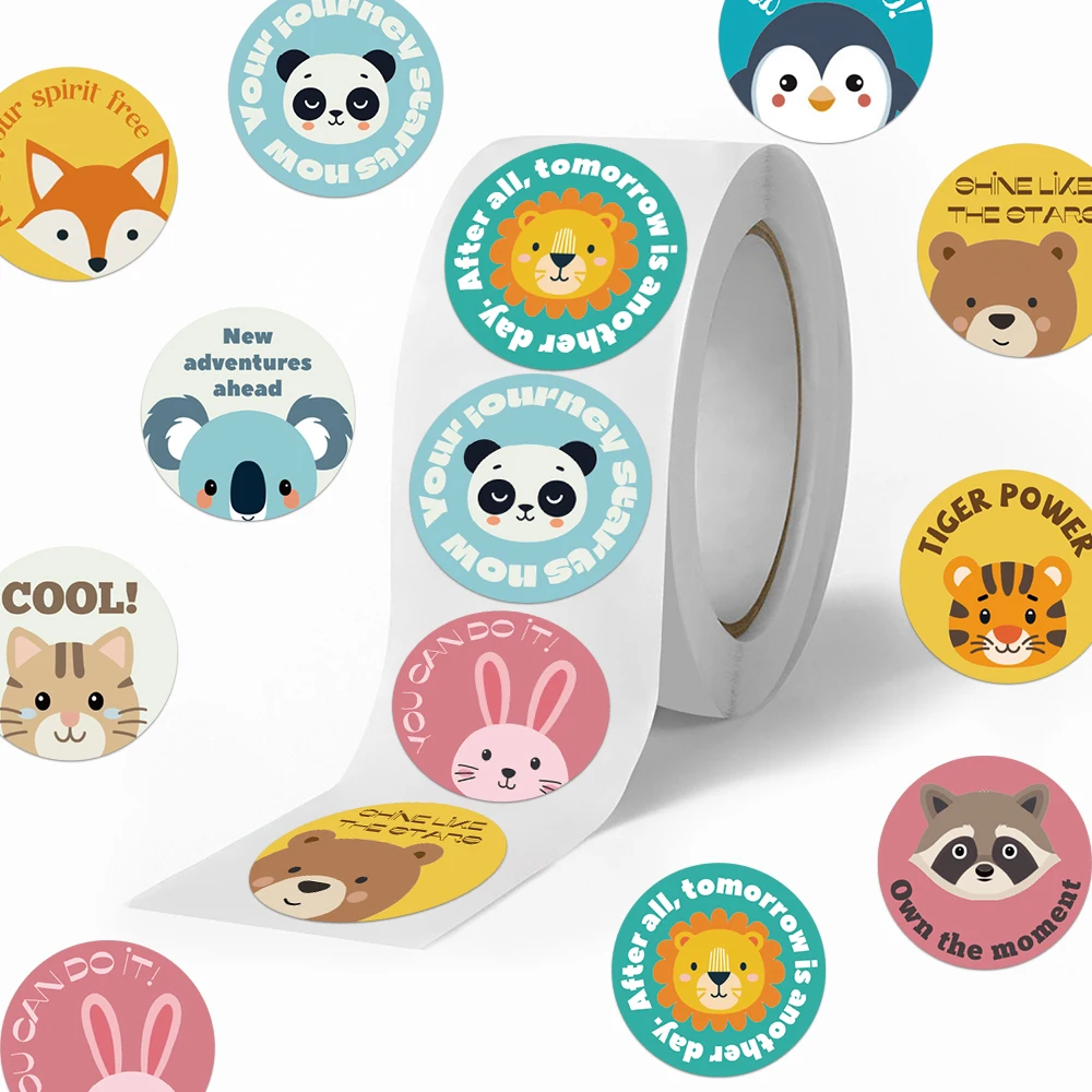500PCS Fun Cartoon Rewards Inspirational Colorful Animals Round Roll Stickers Books Water Cups Phone Cases Envelopes Invitation