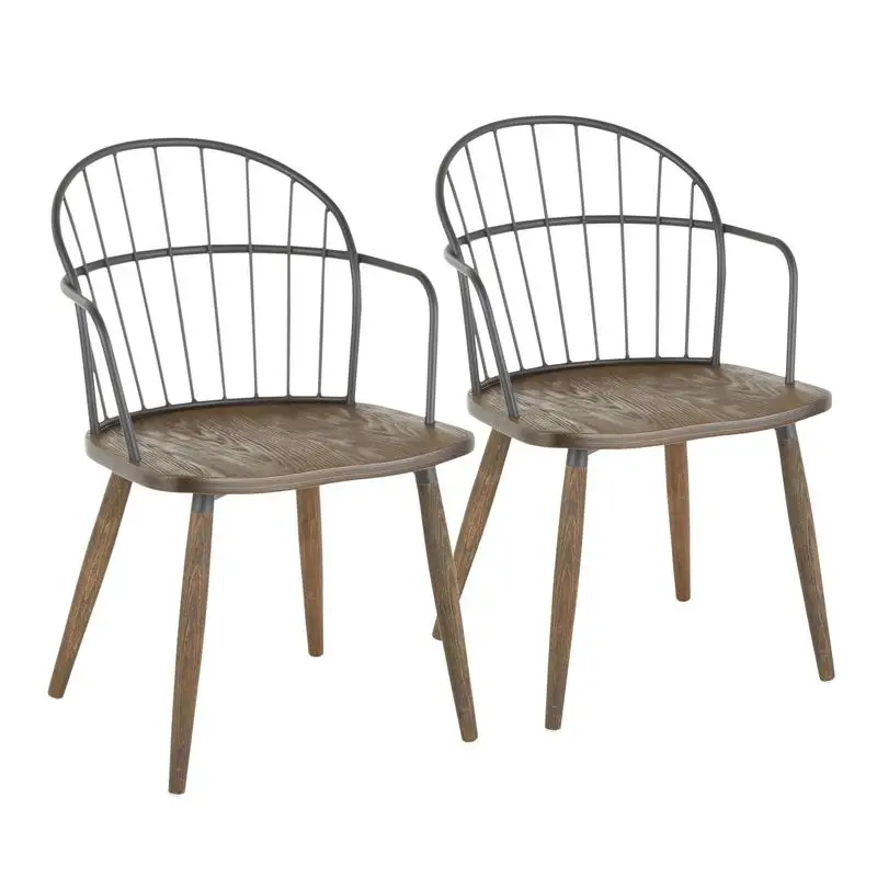Set of 2 Riley Farmhouse Accent/Dining Chairs with Arms in Dark Walnut Wood and Black Metal