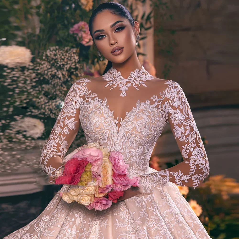 Flavinke Maßgeschneiderte Langarm-Ballkleid-Hochzeitskleider 2025, O-Ausschnitt, Prinzessin, Illusion, Luxus-Robe, Mariage, Vestidos de Novia